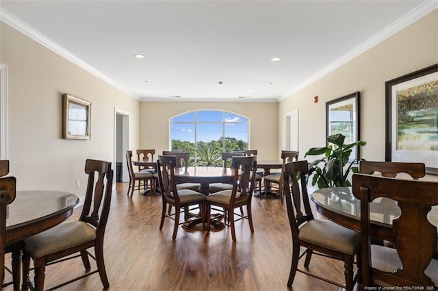 220 Hugh Shelton Loop, Fayetteville, NC 28303 - dining space with dark wood-type flooring, ornamental molding, and recessed lighting