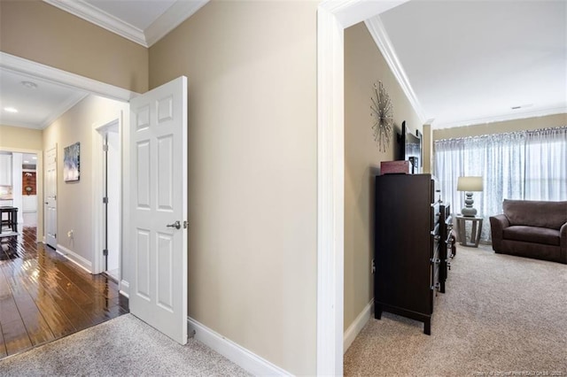 220 Hugh Shelton Loop, Fayetteville, NC 28303 - hallway featuring carpet, ornamental molding, and baseboards