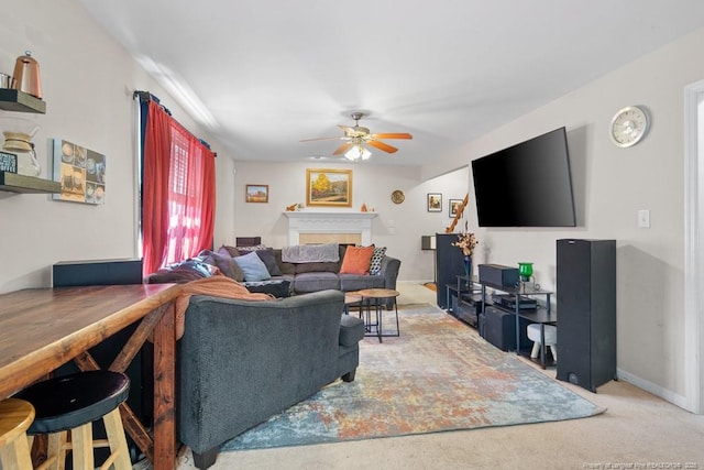 40 Union Cir, Lillington, NC 27546 - carpeted living area with ceiling fan and a fireplace