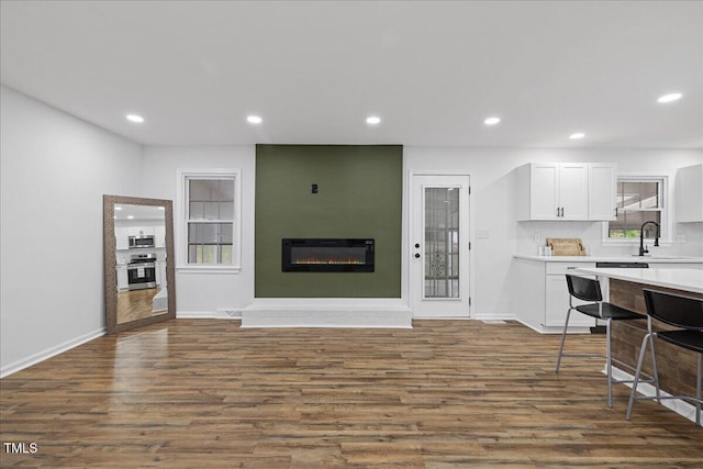 5110 Old Well St, Durham, NC 27704 - living room with dark wood-style flooring, a large fireplace, baseboards, and recessed lighting