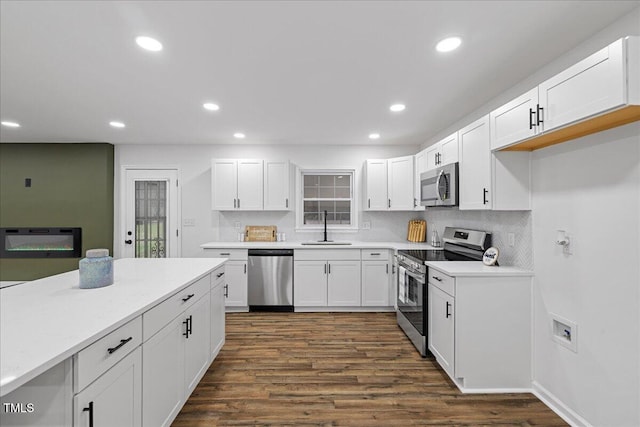 5110 Old Well St, Durham, NC 27704 - kitchen with stainless steel appliances, a sink, tasteful backsplash, dark wood-style flooring, and recessed lighting