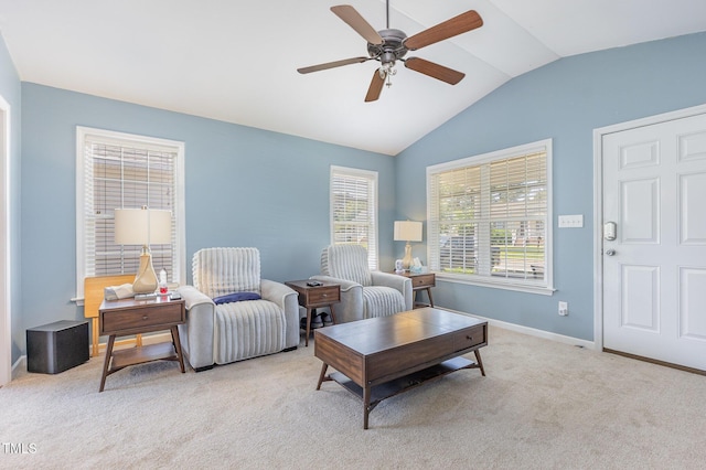 6 N Carolina Ave, Benson, NC 27504 - living area with vaulted ceiling, ceiling fan, carpet, and baseboards