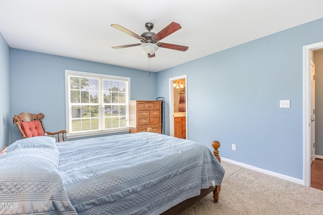 6 N Carolina Ave, Benson, NC 27504 - bedroom featuring baseboards, carpet, ceiling fan, and connected bathroom