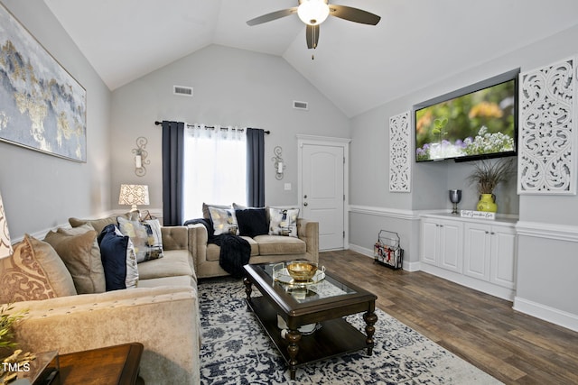 3501 Cranberry Ridge Dr SW, Wilson, NC 27893 - living area featuring ceiling fan, dark wood-style floors, and high vaulted ceiling