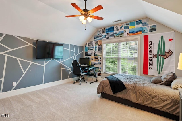 201 Margaret Mann Way, Pittsboro, NC 27312 - bedroom featuring lofted ceiling, carpet floors, a desk, and ceiling fan
