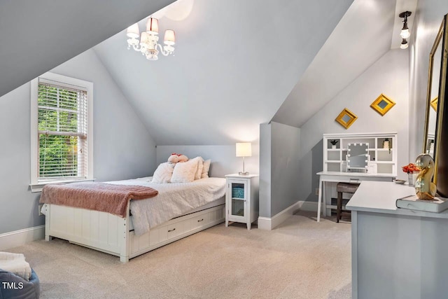 201 Margaret Mann Way, Pittsboro, NC 27312 - bedroom featuring lofted ceiling, carpet floors, a chandelier, and baseboards