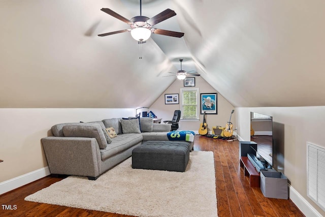 201 Margaret Mann Way, Pittsboro, NC 27312 - living area featuring ceiling fan, dark wood-style floors, vaulted ceiling, and baseboards