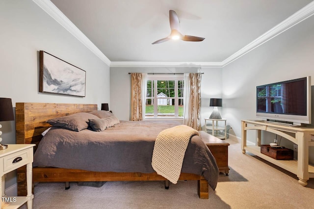 201 Margaret Mann Way, Pittsboro, NC 27312 - bedroom featuring ornamental molding, light carpet, and ceiling fan