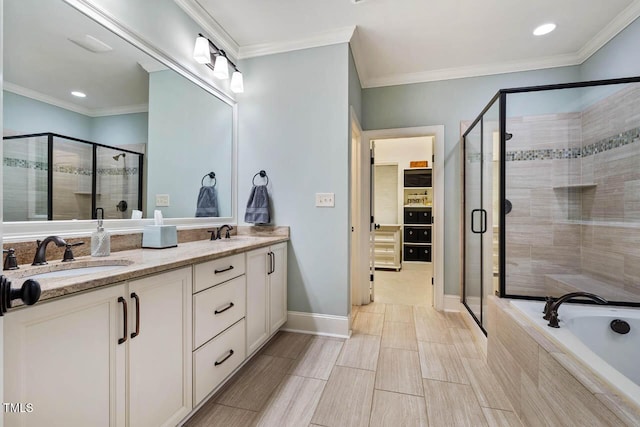 201 Margaret Mann Way, Pittsboro, NC 27312 - full bathroom featuring double vanity, a shower stall, a garden tub, recessed lighting, and ornamental molding