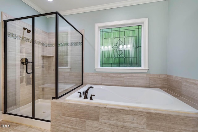 201 Margaret Mann Way, Pittsboro, NC 27312 - full bathroom featuring a garden tub, a shower stall, and crown molding