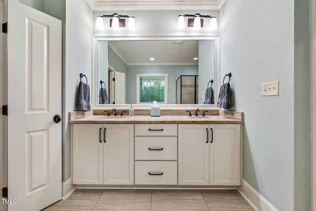 201 Margaret Mann Way, Pittsboro, NC 27312 - full bath featuring double vanity, crown molding, a stall shower, baseboards, and tile patterned flooring