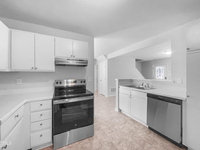 2705 Ramblegate Ln, Durham, NC 27705 - kitchen featuring appliances with stainless steel finishes, under cabinet range hood, a sink, light floors, and white cabinetry