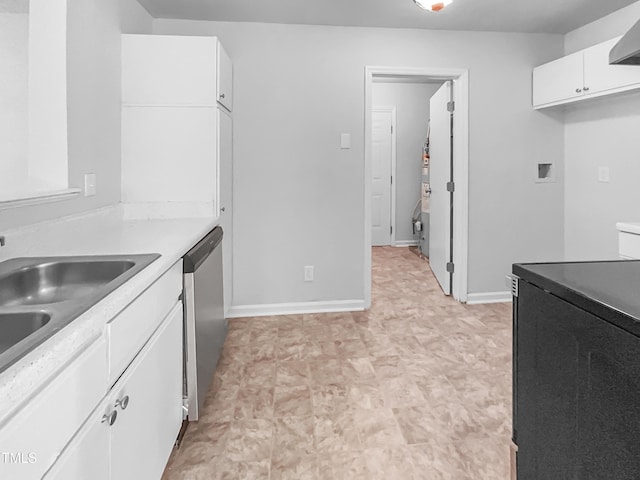 2705 Ramblegate Ln, Durham, NC 27705 - kitchen with dishwasher, white cabinetry, black electric range, a sink, and light countertops