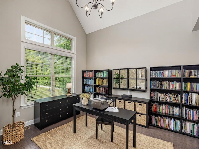 374 Crimson Way, Pittsboro, NC 27312 - home office featuring high vaulted ceiling, a chandelier, baseboards, and wood finished floors