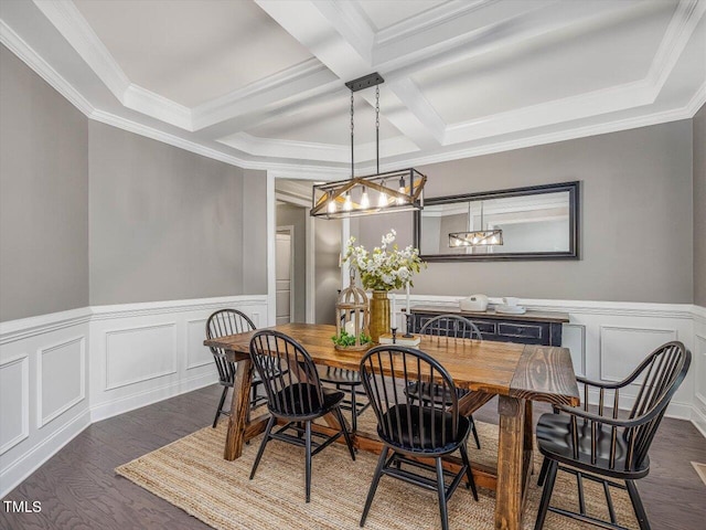 374 Crimson Way, Pittsboro, NC 27312 - dining room with wood finished floors, a chandelier, coffered ceiling, beam ceiling, and ornamental molding