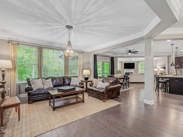 374 Crimson Way, Pittsboro, NC 27312 - living area featuring ornamental molding, plenty of natural light, dark wood-style flooring, ceiling fan, and baseboards