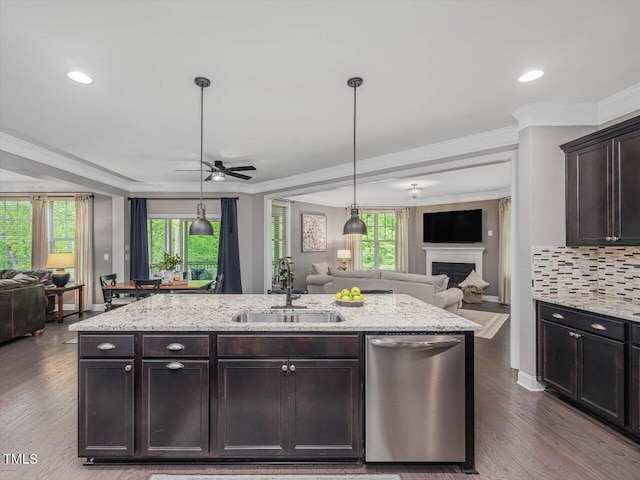 374 Crimson Way, Pittsboro, NC 27312 - kitchen featuring open floor plan, a sink, stainless steel dishwasher, a ceiling fan, and plenty of natural light