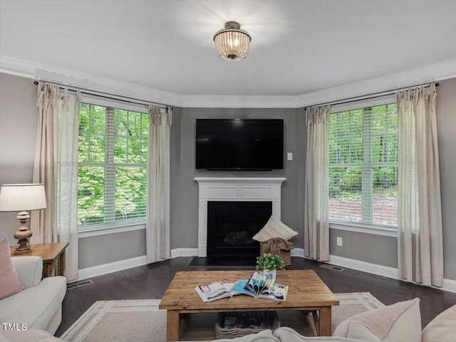 374 Crimson Way, Pittsboro, NC 27312 - living area with plenty of natural light, baseboards, ornamental molding, a fireplace with flush hearth, and wood finished floors