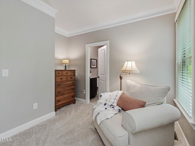 374 Crimson Way, Pittsboro, NC 27312 - sitting room featuring ornamental molding, light colored carpet, and baseboards