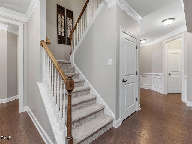 374 Crimson Way, Pittsboro, NC 27312 - staircase featuring wood finished floors, ornamental molding, and a wainscoted wall