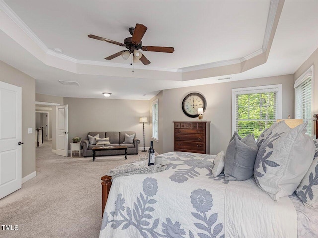 374 Crimson Way, Pittsboro, NC 27312 - bedroom with a raised ceiling, crown molding, carpet floors, baseboards, and ceiling fan