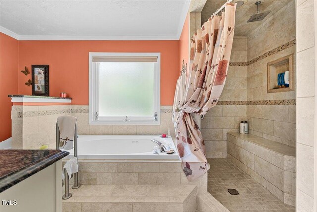 5924 Finish Line Dr, Hope Mills, NC 28348 - full bath featuring a garden tub, a tile shower, vanity, and crown molding