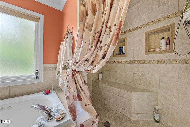 5924 Finish Line Dr, Hope Mills, NC 28348 - full bathroom with a tile shower, a garden tub, and ornamental molding