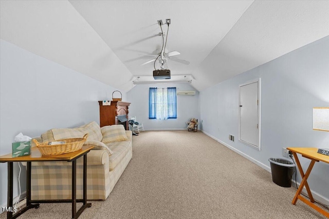 5924 Finish Line Dr, Hope Mills, NC 28348 - living room featuring carpet flooring, baseboards, lofted ceiling, ceiling fan, and a wall mounted AC