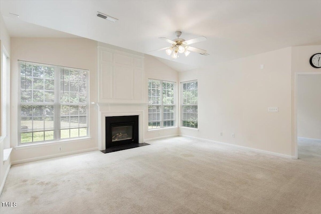 402 Halls Mill Dr, Cary, NC 27519 - unfurnished living room featuring a ceiling fan, carpet flooring, baseboards, a large fireplace, and lofted ceiling