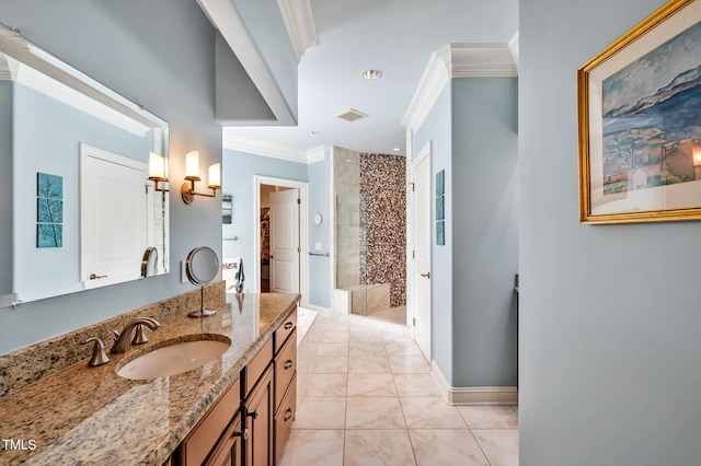 84307 Winslow, Chapel Hill, NC 27517 - bathroom with ornamental molding, a stall shower, and vanity