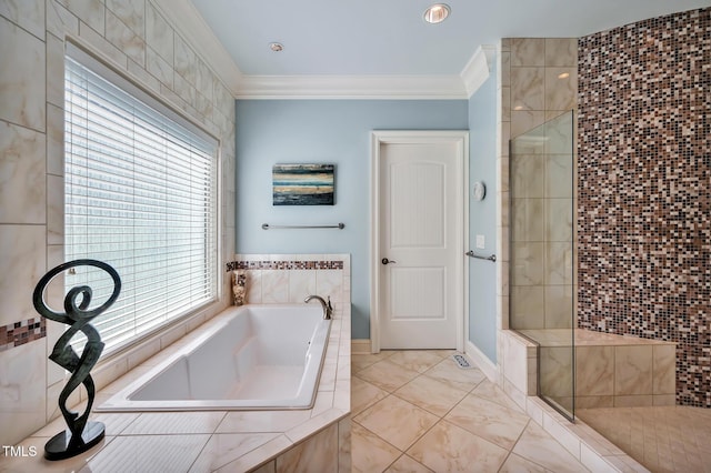 84307 Winslow, Chapel Hill, NC 27517 - full bath with a bath, ornamental molding, and a stall shower