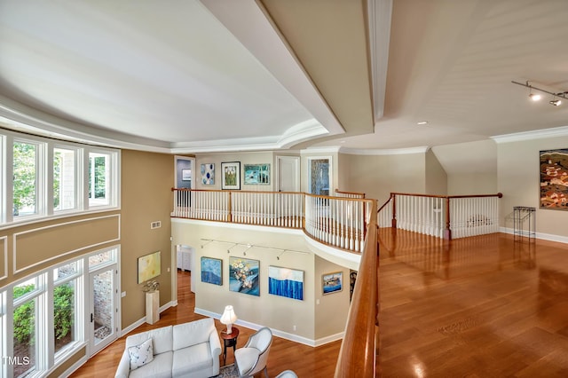 84307 Winslow, Chapel Hill, NC 27517 - staircase with wood finished floors, crown molding, and a raised ceiling