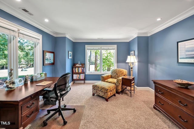 84307 Winslow, Chapel Hill, NC 27517 - office area featuring carpet floors, ornamental molding, and recessed lighting
