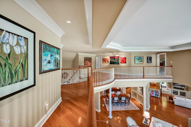 84307 Winslow, Chapel Hill, NC 27517 - hall featuring wood finished floors, crown molding, an upstairs landing, and recessed lighting