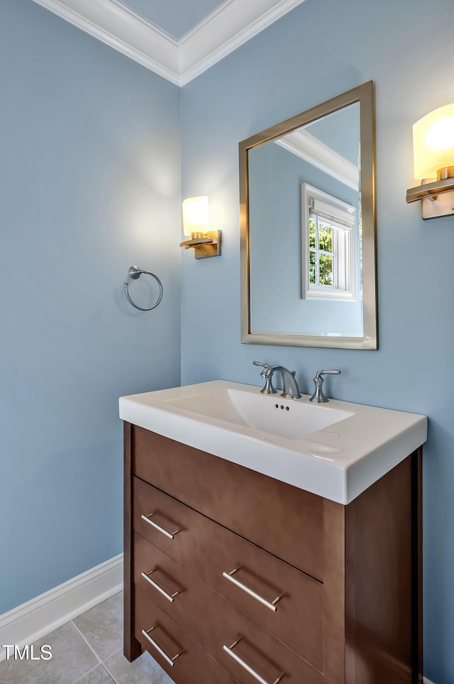 84307 Winslow, Chapel Hill, NC 27517 - bathroom featuring ornamental molding, vanity, and tile patterned floors