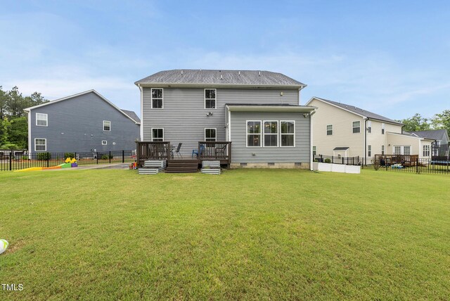 2909 Landon Pines Ct, New Hill, NC 27562 - rear view of house featuring a wooden deck and crawl space