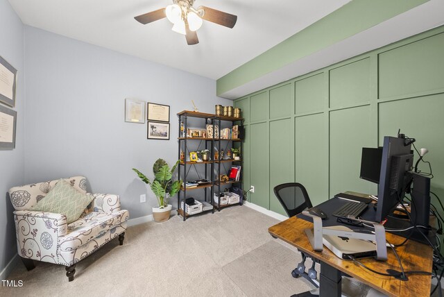 2909 Landon Pines Ct, New Hill, NC 27562 - carpeted home office featuring ceiling fan and baseboards