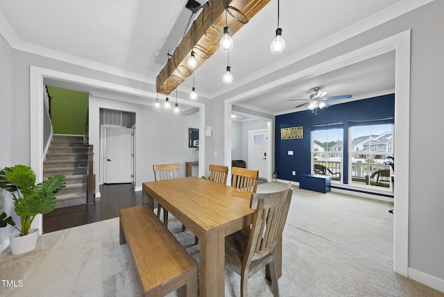 2909 Landon Pines Ct, New Hill, NC 27562 - dining space with baseboards, stairway, ceiling fan, and ornamental molding