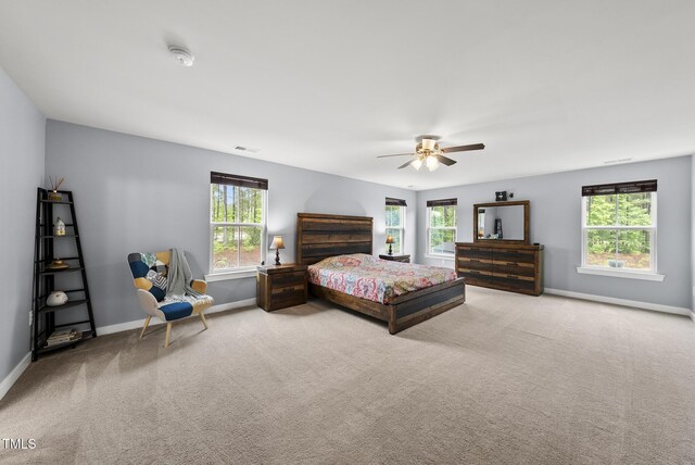 2909 Landon Pines Ct, New Hill, NC 27562 - carpeted bedroom featuring baseboards, multiple windows, and ceiling fan