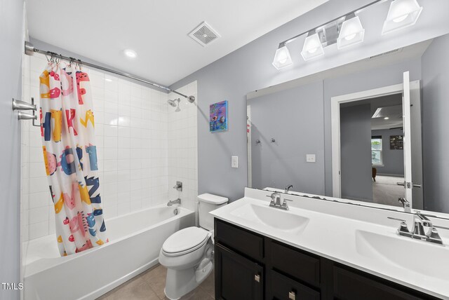 2909 Landon Pines Ct, New Hill, NC 27562 - full bathroom featuring shower / bathtub combination with curtain, double vanity, toilet, tile patterned flooring, and recessed lighting