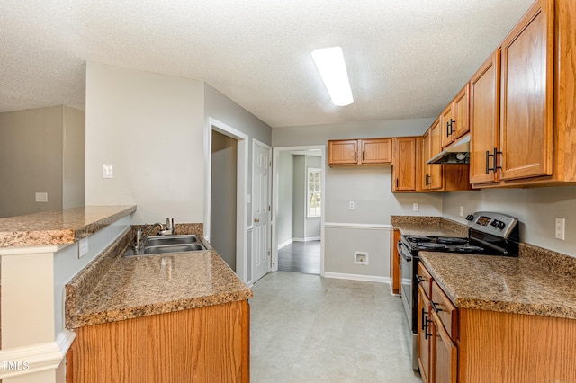 5008 Dantonville Ct, Knightdale, NC 27545 - kitchen with stainless steel range with electric cooktop, a sink, under cabinet range hood, a peninsula, and brown cabinetry