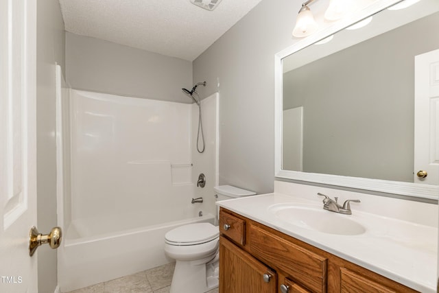 5008 Dantonville Ct, Knightdale, NC 27545 - bathroom featuring toilet, vanity, tile patterned flooring, shower / tub combination, and a textured ceiling