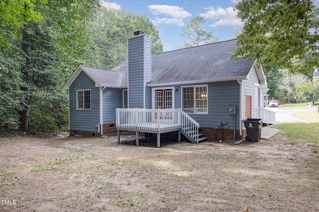 5008 Dantonville Ct, Knightdale, NC 27545 - rear view of property featuring crawl space, a deck, roof with shingles, a chimney, and a lawn