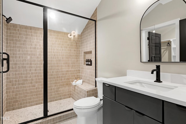 5406 Garrett Rd, Durham, NC 27707 - bathroom with vanity, a stall shower, and tile patterned flooring