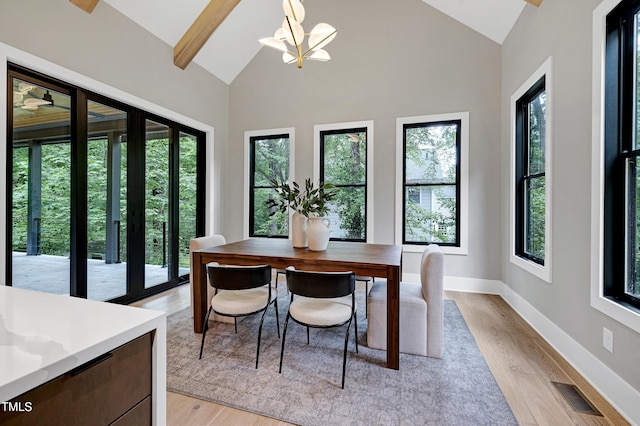 5406 Garrett Rd, Durham, NC 27707 - dining area featuring a chandelier, light wood finished floors, beam ceiling, and high vaulted ceiling