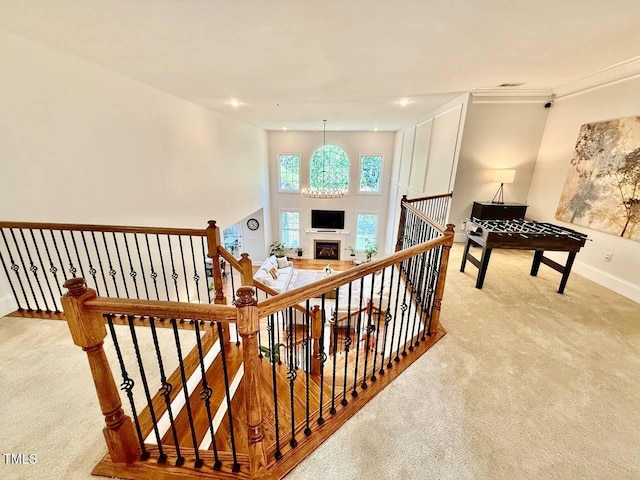 9409 Collingdale Way, Raleigh, NC 27617 - stairway featuring carpet, baseboards, recessed lighting, and a fireplace