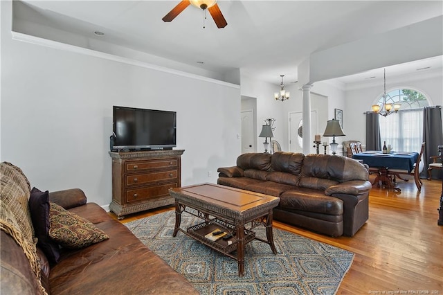 3811 Briargate Ln, Fayetteville, NC 28314 - living room featuring a chandelier, a ceiling fan, wood finished floors, billiards table, and crown molding