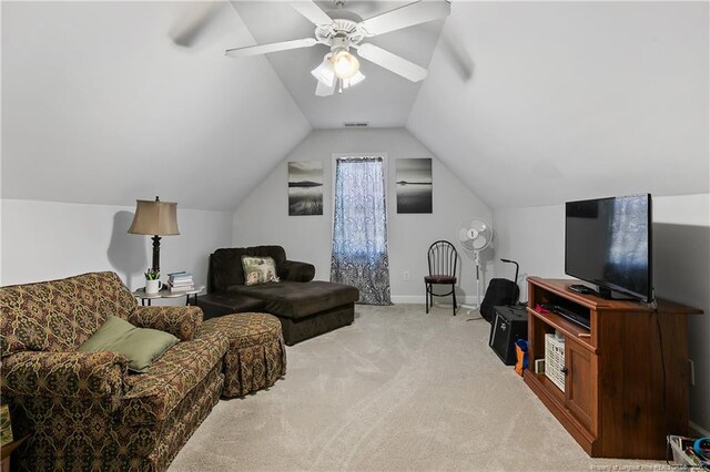 3811 Briargate Ln, Fayetteville, NC 28314 - living room with light colored carpet, vaulted ceiling, baseboards, and a ceiling fan