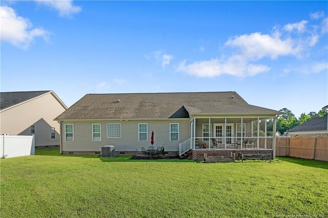3811 Briargate Ln, Fayetteville, NC 28314 - back of property with crawl space, central AC, a sunroom, and roof with shingles