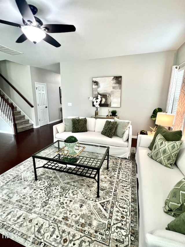 1116 Powder, Fuquay Varina, NC 27526 - living area with stairway, wood finished floors, and ceiling fan